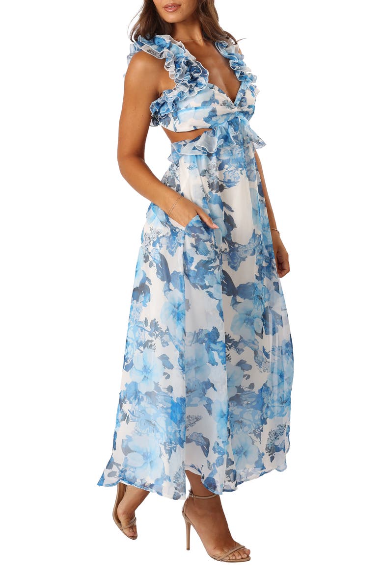 Lucah Floral Ruffle Cutout Maxi Dress, Alternate, color, BLUE WHITE FLORAL