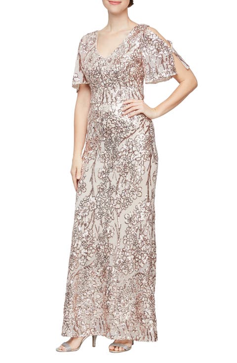 Sequin Lace Cold Shoulder Trumpet Evening Gown