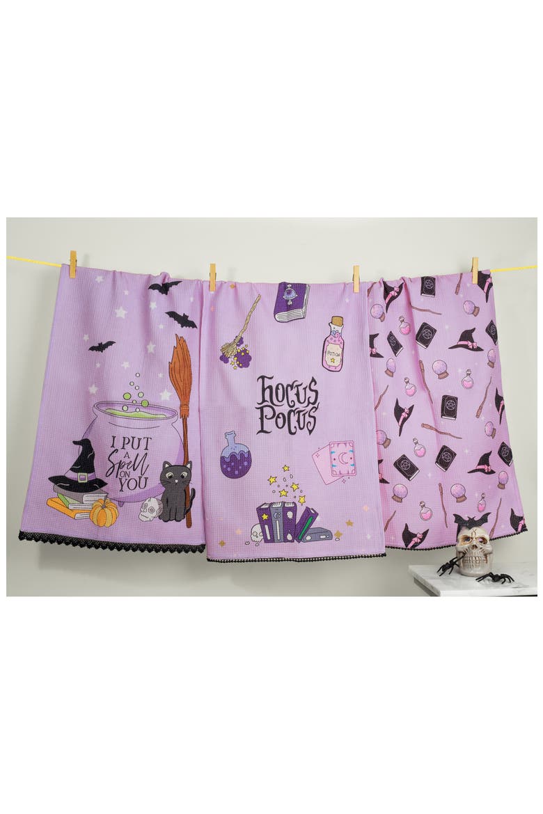 The Midnight Magic Set of 3 Cotton Waffle Kitchen Towels, Alternate, color, LAVENDER/ BLACK / ORANGE