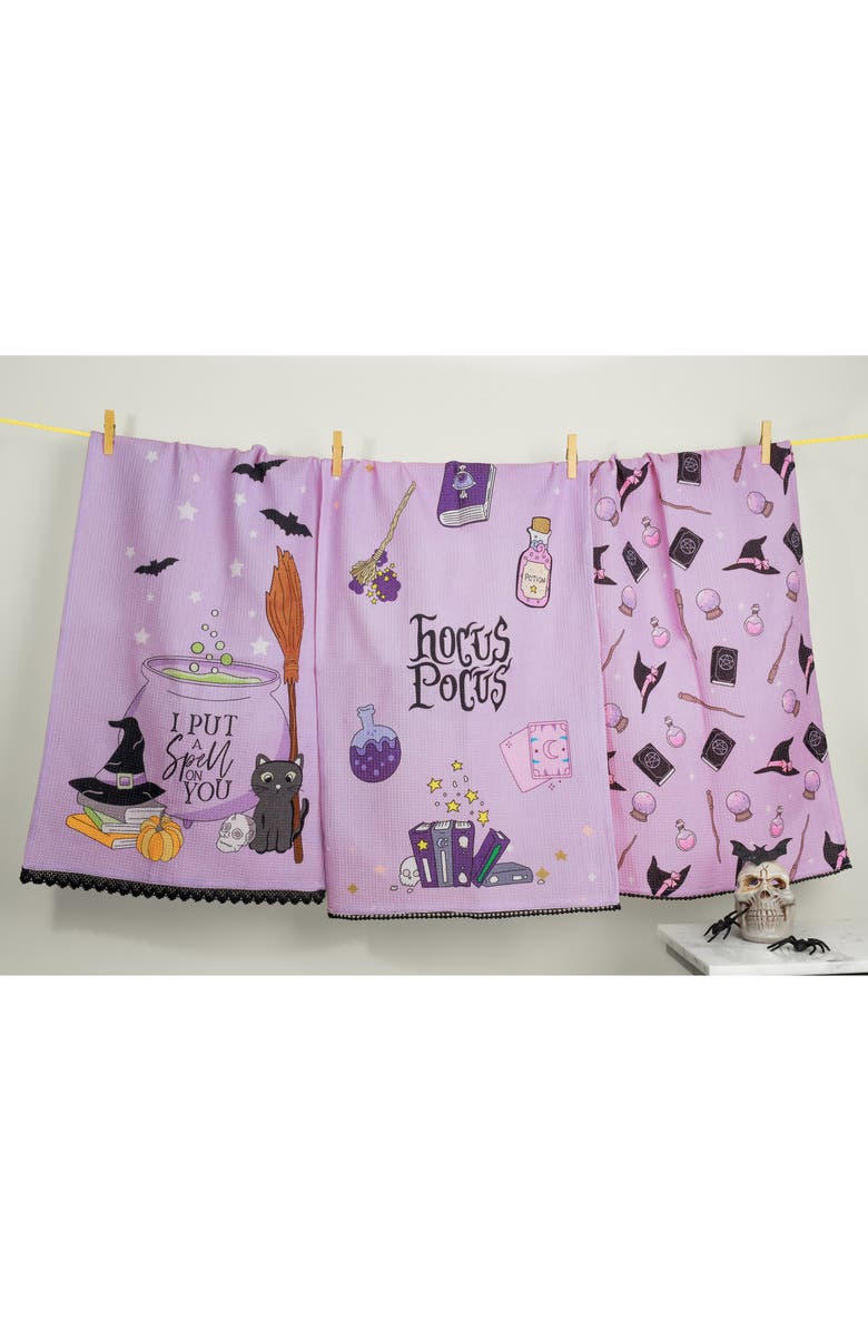 Tiramisu The Midnight Magic Set of 3 Cotton Waffle Kitchen Towels, Alternate, color, Lavender/ Black / Orange