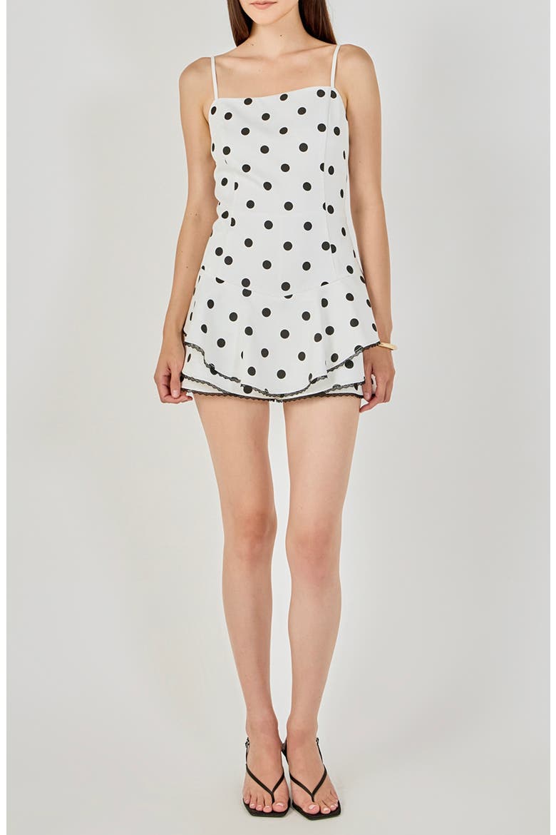 Polka Dot Lace Trimmed Romper, Main, color, IVORY/BLACK