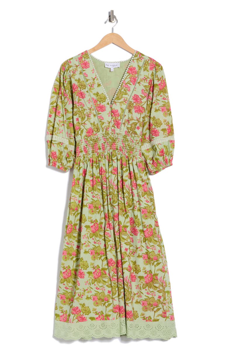Maisie Floral Smocked Waist Midi Dress, Main, color, Sage/ Green Vine