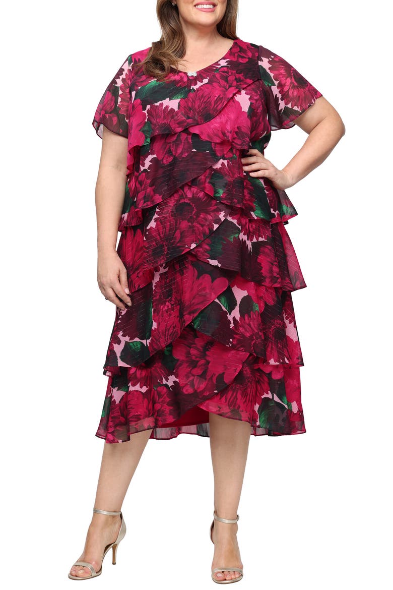 Floral Print Ruffled Chiffon Midi Dress, Main, color, PINK MULTI