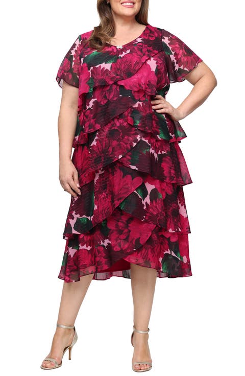 Floral Print Ruffled Chiffon Midi Dress