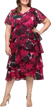 SL FASHIONS Floral Print Ruffled Chiffon Midi Dress