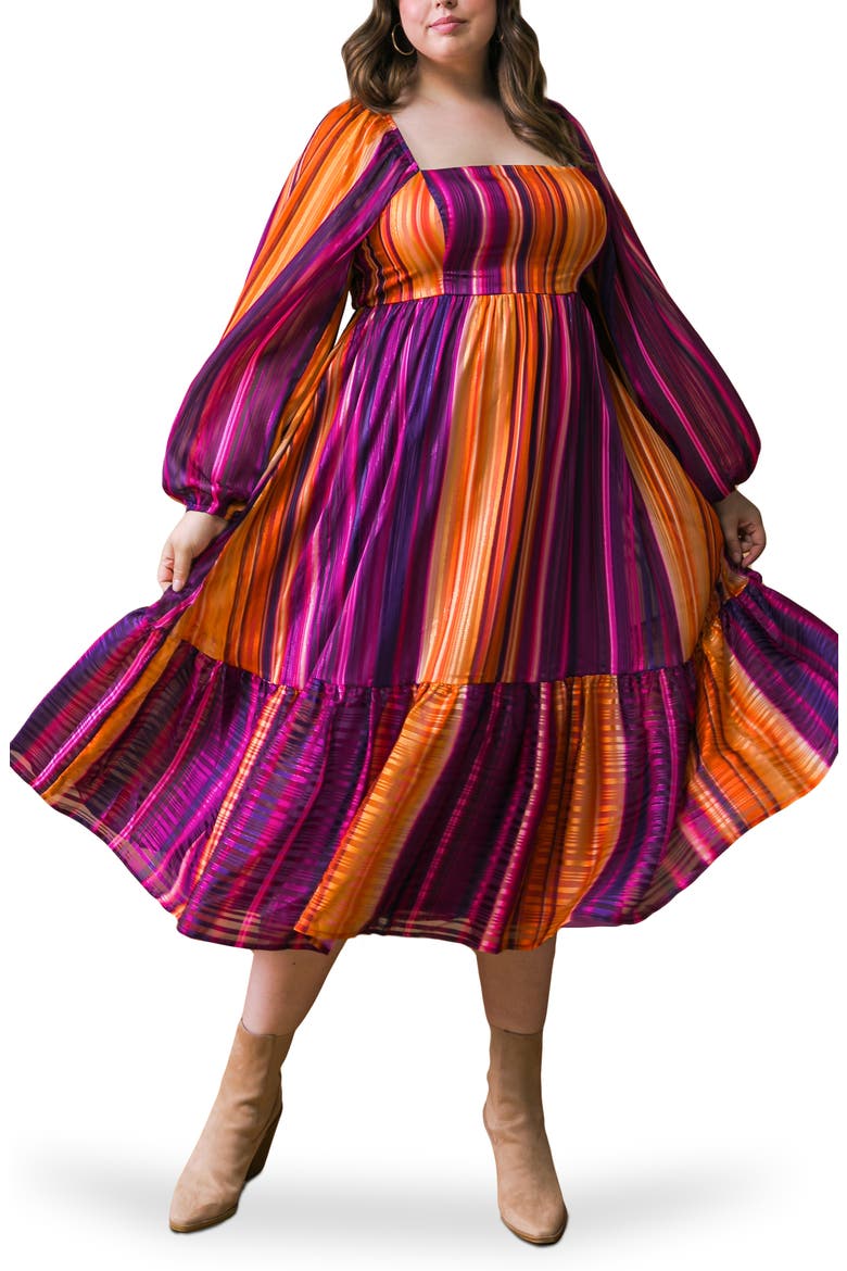 Metallic Stripe Long Sleeve Chiffon Midi Dress, Main, color, PURPLE ORANGE