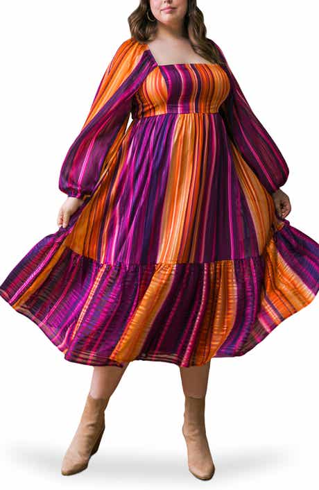 FLYING TOMATO Metallic Stripe Long Sleeve Chiffon Midi Dress