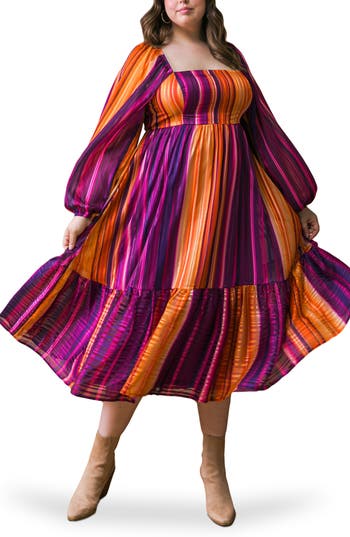Flying Tomato Metallic Stripe Long Sleeve Chiffon Midi Dress In Multi