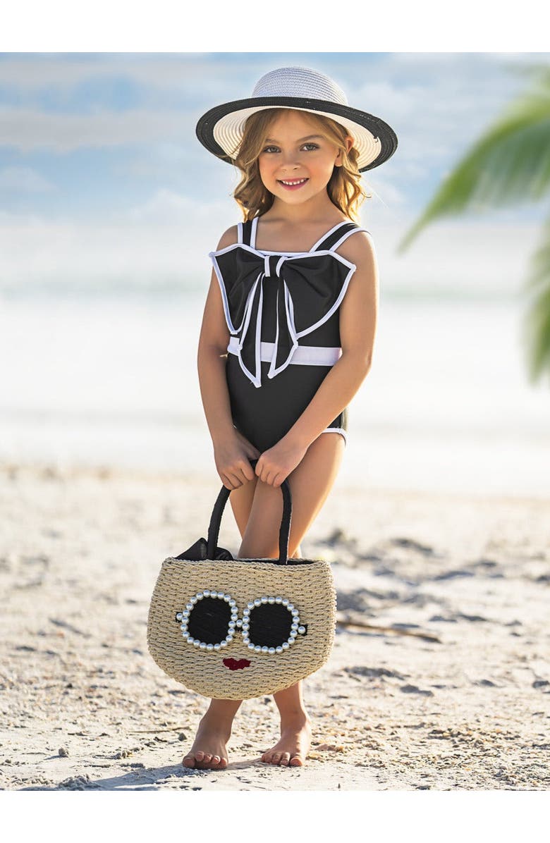 Mia Belle Girls Sun-Kissed Elegance Statement Bow Black One Piece Swimsuit, Alternate, color, Black