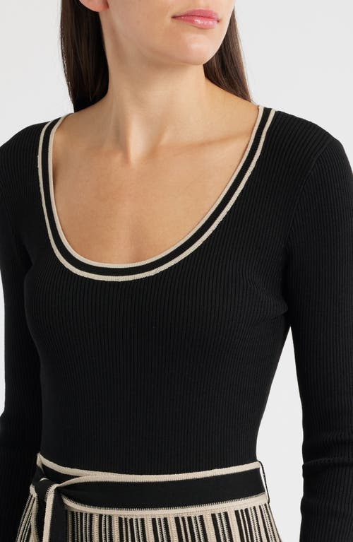 Moon River Tie Waist Long Sleeve Rib Maxi Sweater Dress In Black