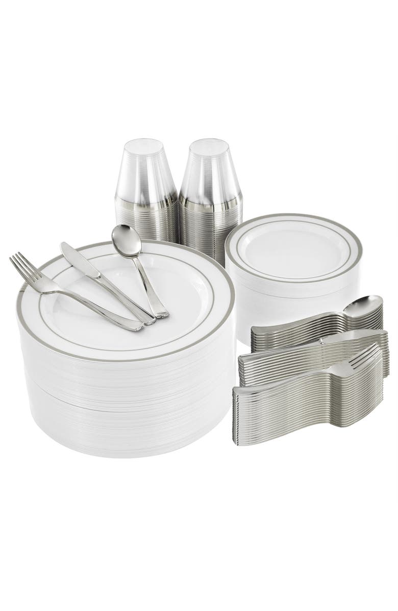 Elama 600 Piece Disposable Plastic Dinnerware Party Set, Main, color, Silver