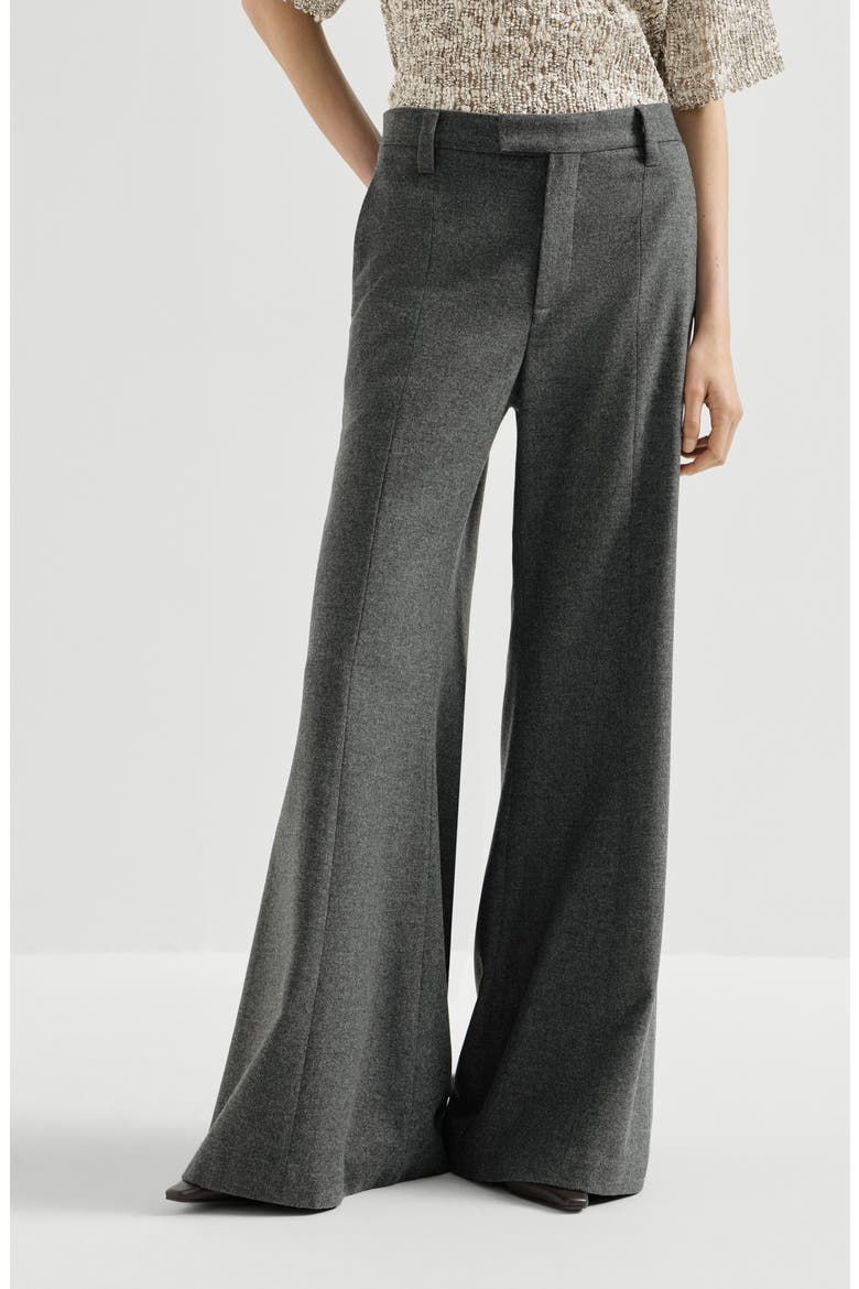 Virgin wool and cashmere twill flannel wide flare trousers with monili, Main, color, Dark Grey