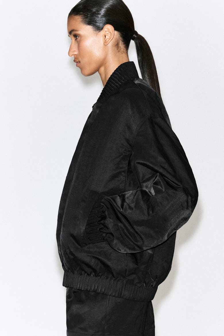 Gathered Nylon Bomber Jacket, Alternate, color, BLACK