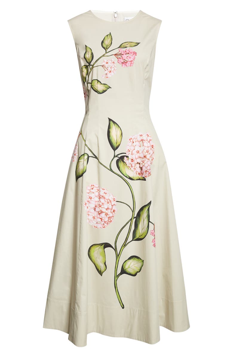 Oscar de la Renta Porcelain Flowers Stretch Cotton Poplin A-Line Dress, Main, color, Pink/ Oatmeal