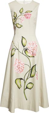Oscar de la Renta Porcelain Flowers Stretch Cotton Poplin A-Line Dress