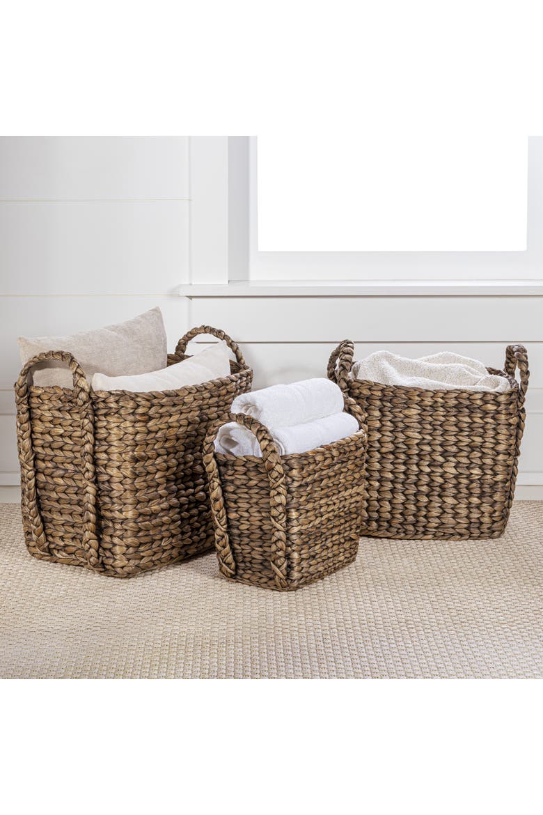 Clara Farmhouse Classic Handwoven Hyacinth Rectangle Storage Floor Baskets with Handles,, Main, color, Brown