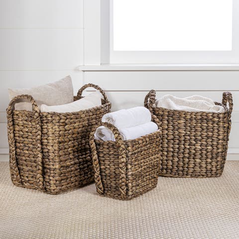 Clara Farmhouse Classic Handwoven Hyacinth Rectangle Storage Floor Baskets with Handles, (Set of 3)