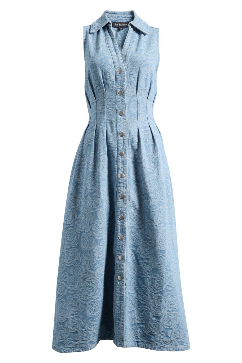 Dominique Floral Sleeveless Denim Midi Dress, Alternate, color, DARK WASH DENIM
