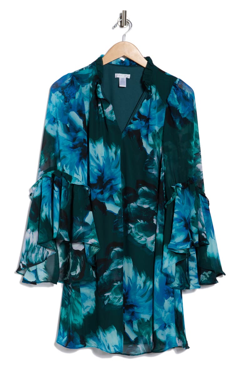 Cascade Long Sleeve A-Line Dress, Alternate, color, TEAL/ LIGHT BLUE