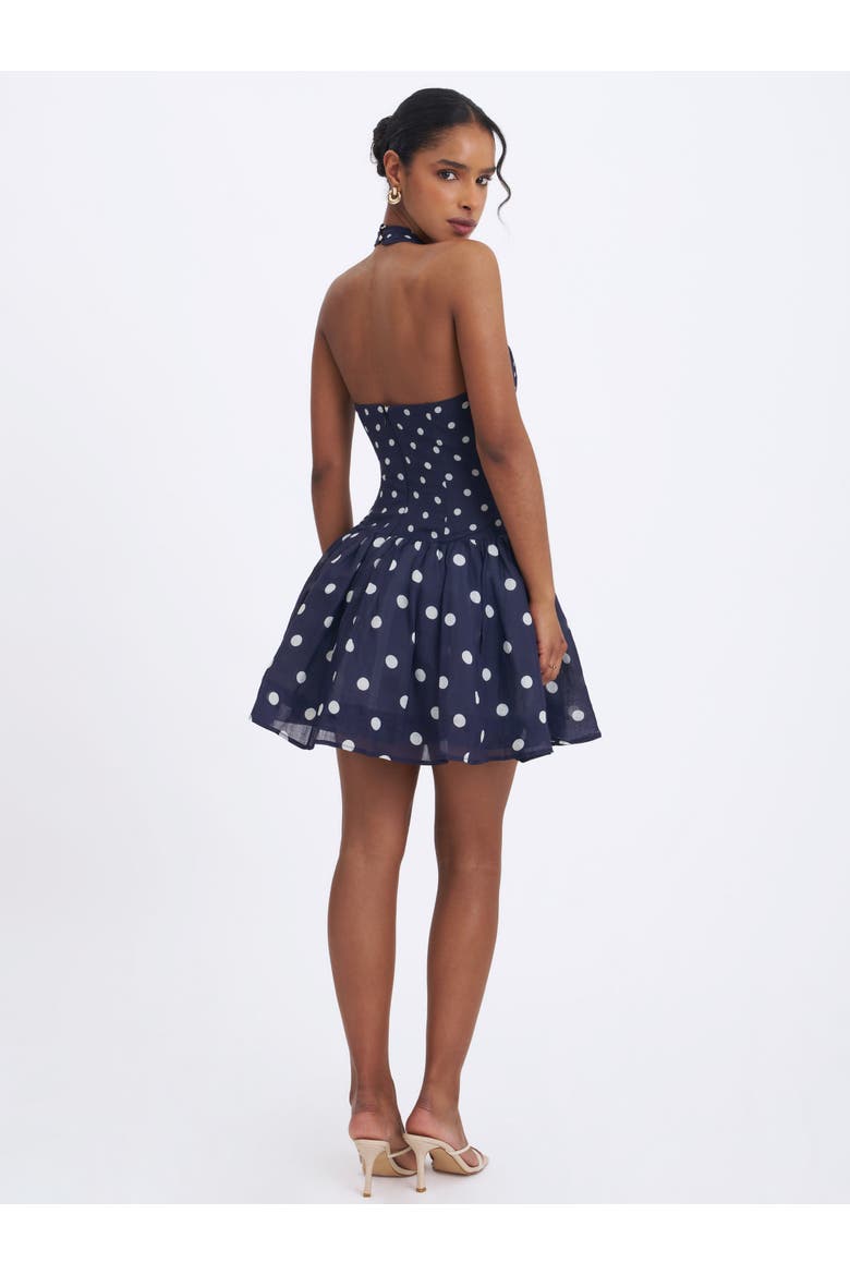 Yamina Polka Dot Ramie Crossover Halter Gathered Mini Dress, Alternate, color, Navy