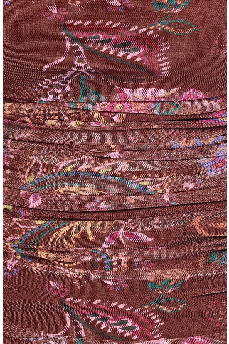 Elfrida Ruched One-Shoulder Mesh Top, Alternate, color, BROWN FLORAL
