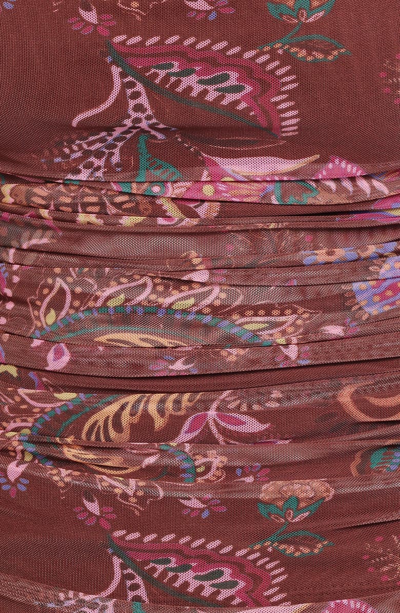 Petal & Pup Elfrida Ruched One-Shoulder Mesh Top, Alternate, color, Brown Floral