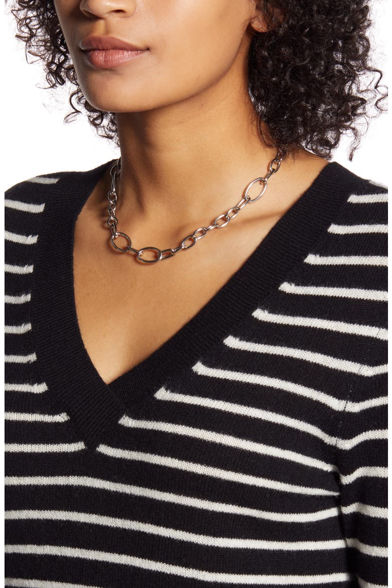 V-Neck Cashmere Sweater, Alternate, color, BLACK- IVORY UNEVEN STRIPE