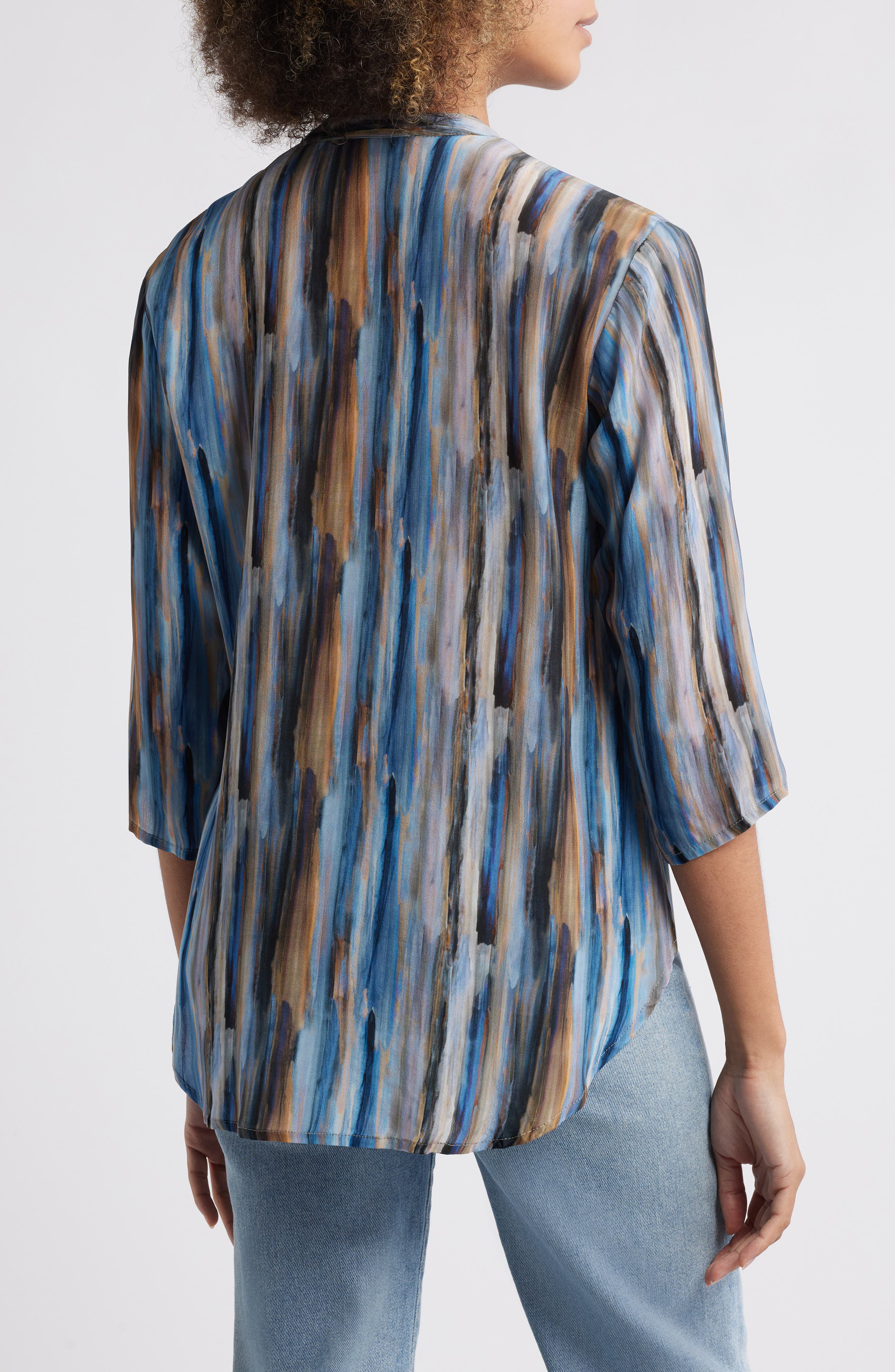 Stripe Three Quarter Sleeve Cupro Blend Button-Up Shirt - image 2