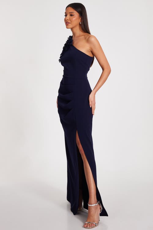 Quiz One Shoulder Ruffle Trim Maxi Dress In Navy