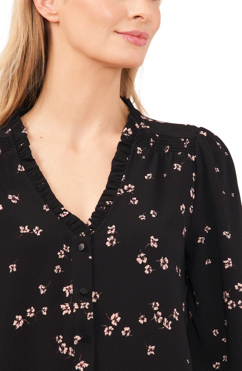 CeCe Floral Ruffle Button-Up Top, Alternate, color, Rich Black