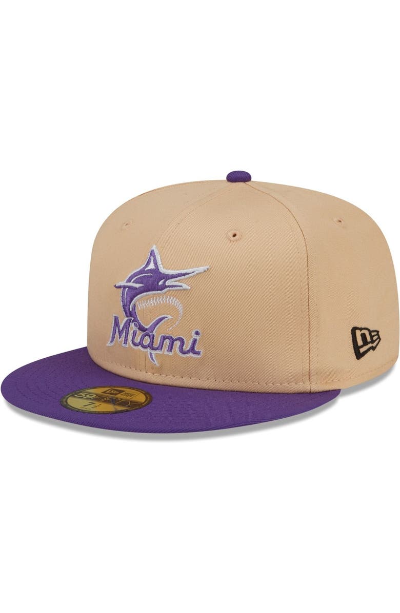 New Era Men's New Era Peach/Purple Miami Marlins 2003 World Series Side Patch 59FIFTY Fitted Hat, Alternate, color,