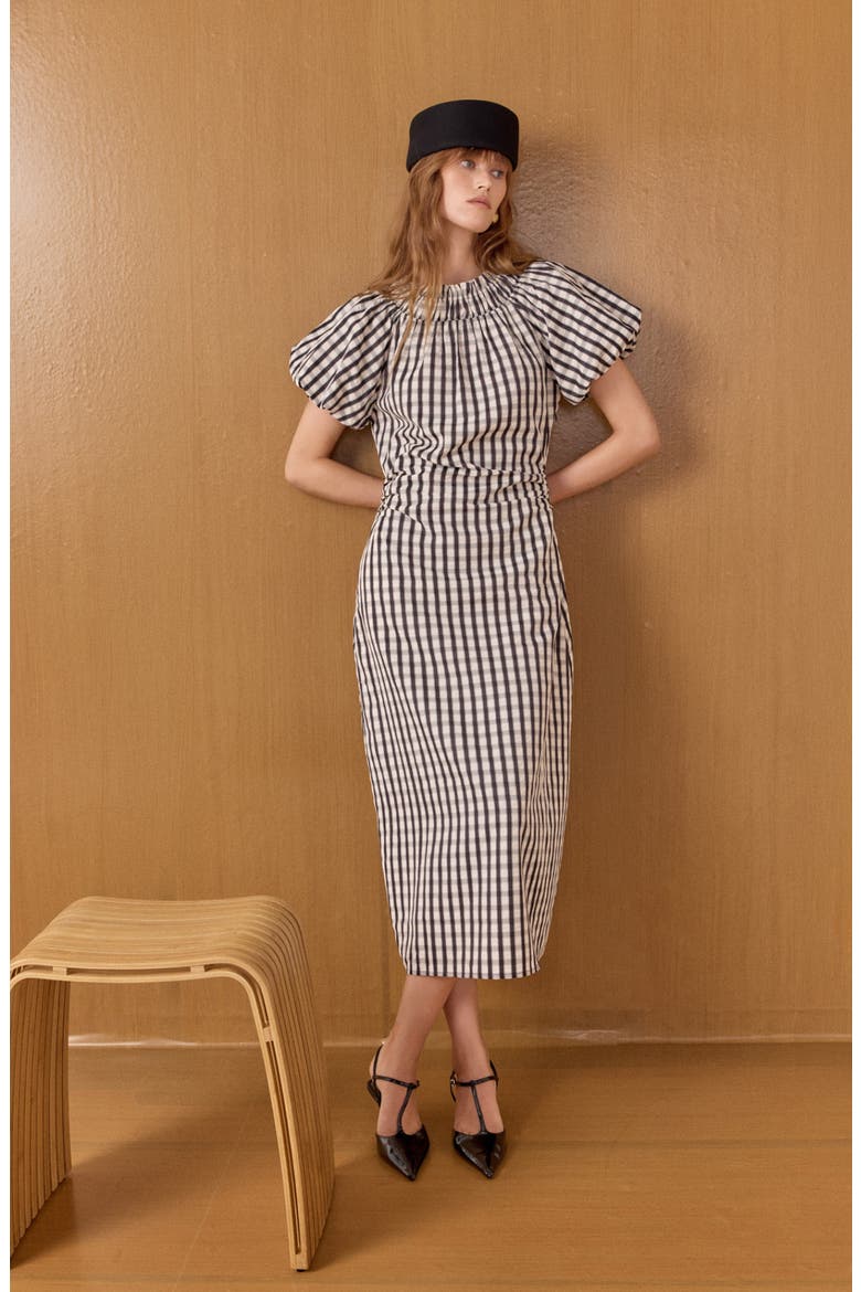 Smocked Neck Gingham Midi Dress, Alternate, color, BLACK MULTI