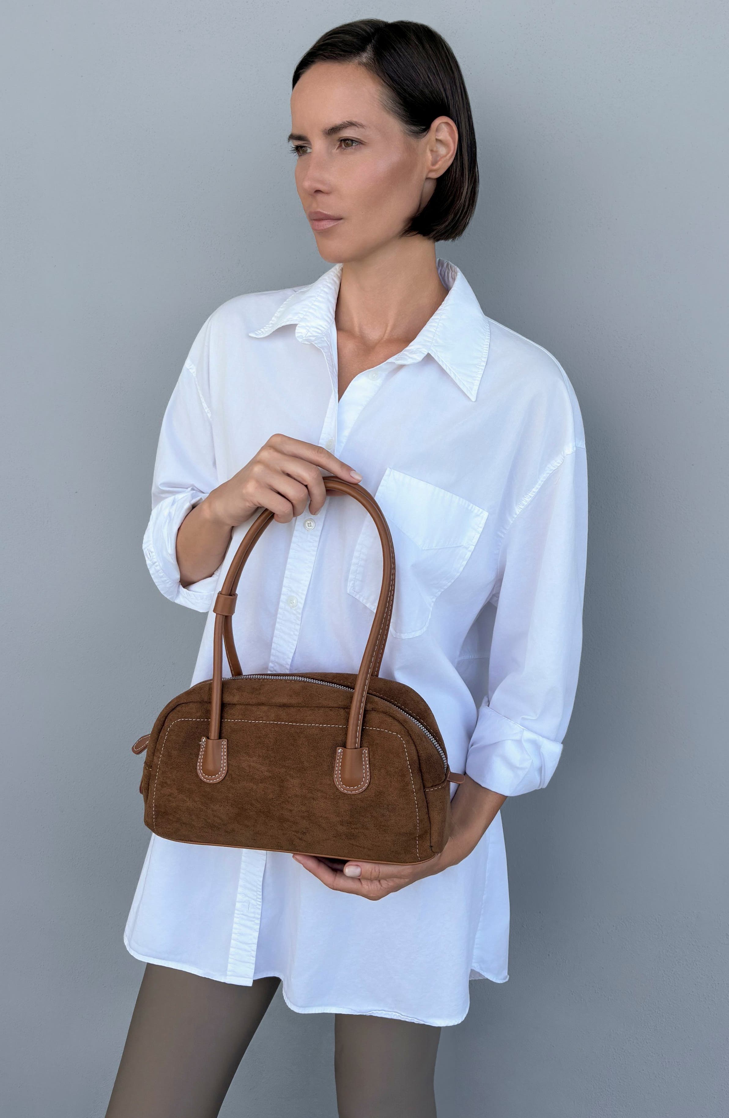 Faux Leather Bowling Shoulder Bag, Alternate, color, BROWN