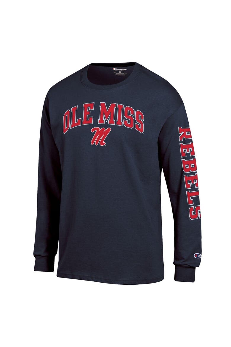 Men's Champion  Navy Ole Miss Rebels Arch Over Logo 2-Hit Long Sleeve T-Shirt, Alternate, color, Navy