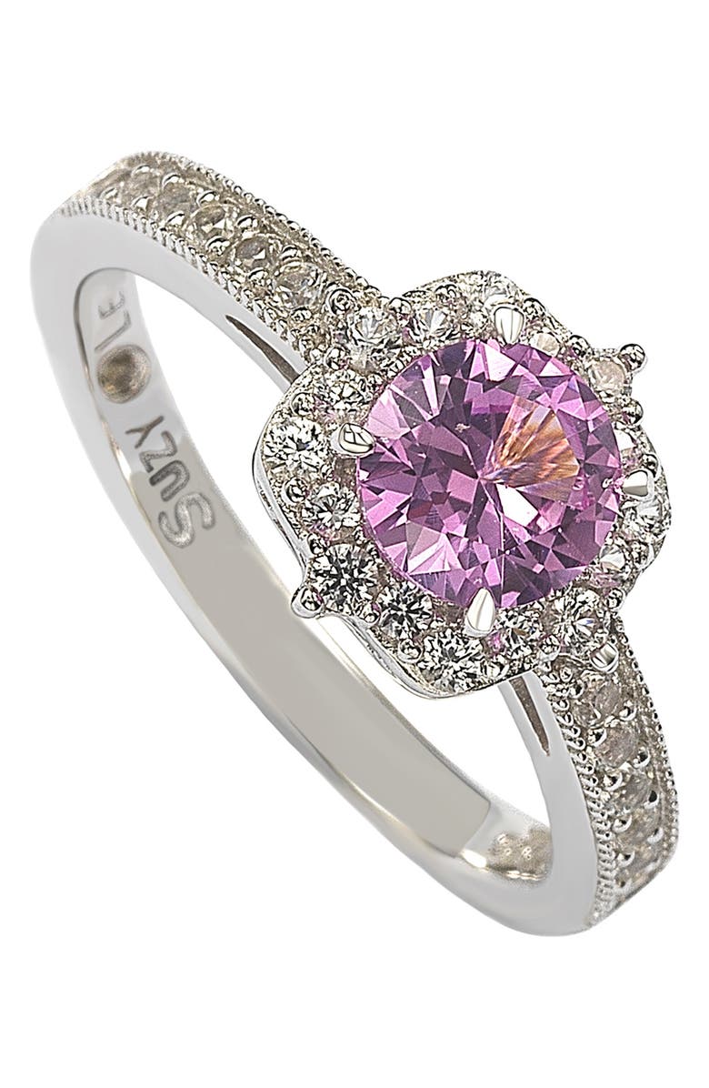 SUZY LEVIAN Sterling Silver Pink Sapphire Center Stone & Lab Grown White Sapphire Ring, Main, color, Pink