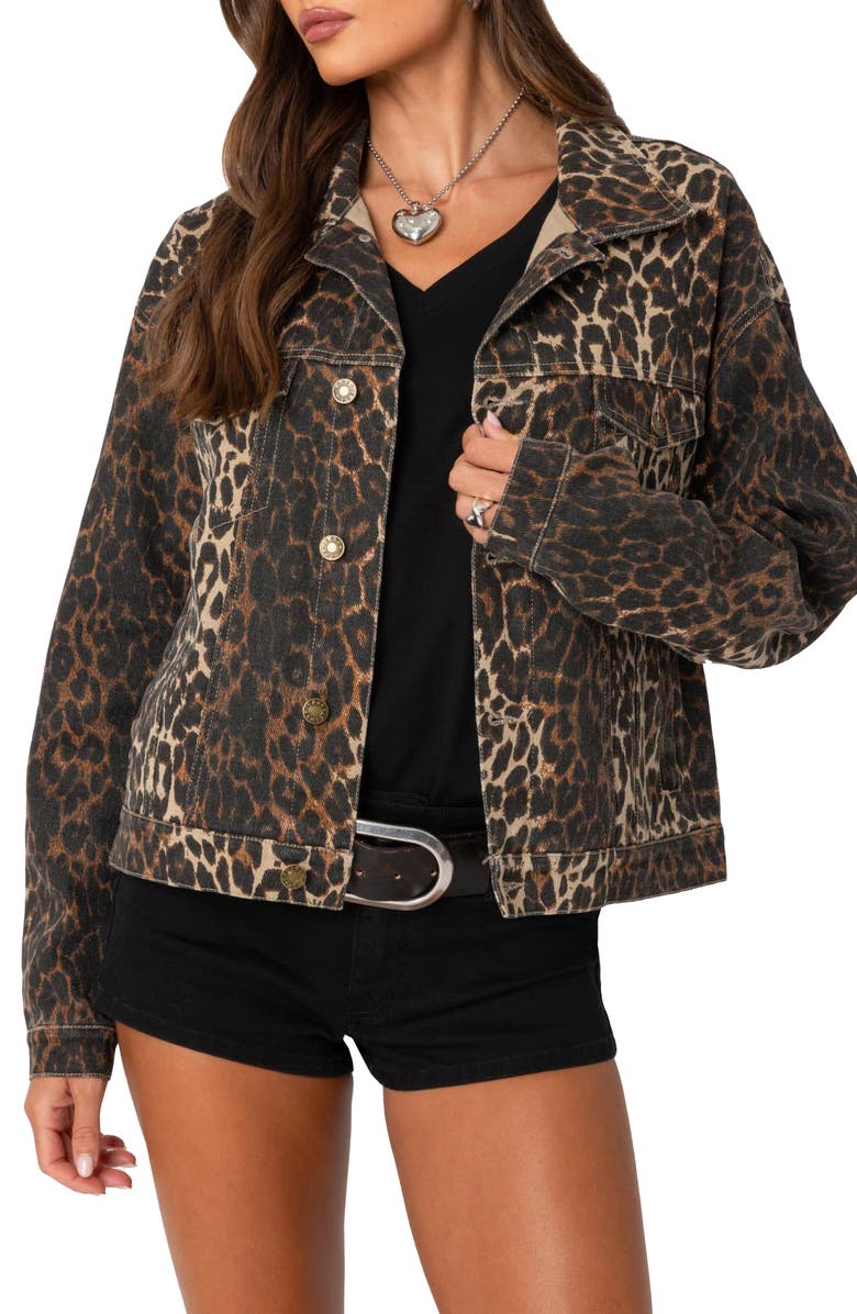 EDIKTED Leopard Print Denim Jacket, Main, color, Leopard