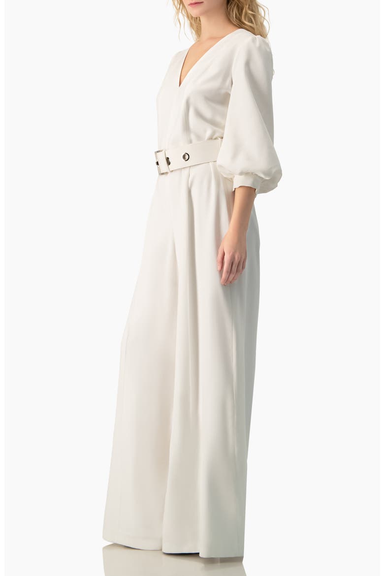Belted V-Neck Balloon-Sleeve Wide-Leg Jumpsuit, Alternate, color, White