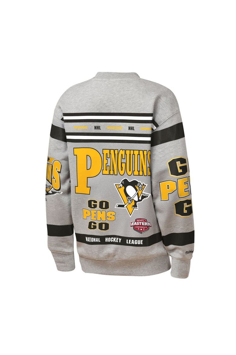 Youth Mitchell & Ness Heather Gray Pittsburgh Penguins Allover Print Fleece Crewneck Sweatshirt, Alternate, color, Heather Gray