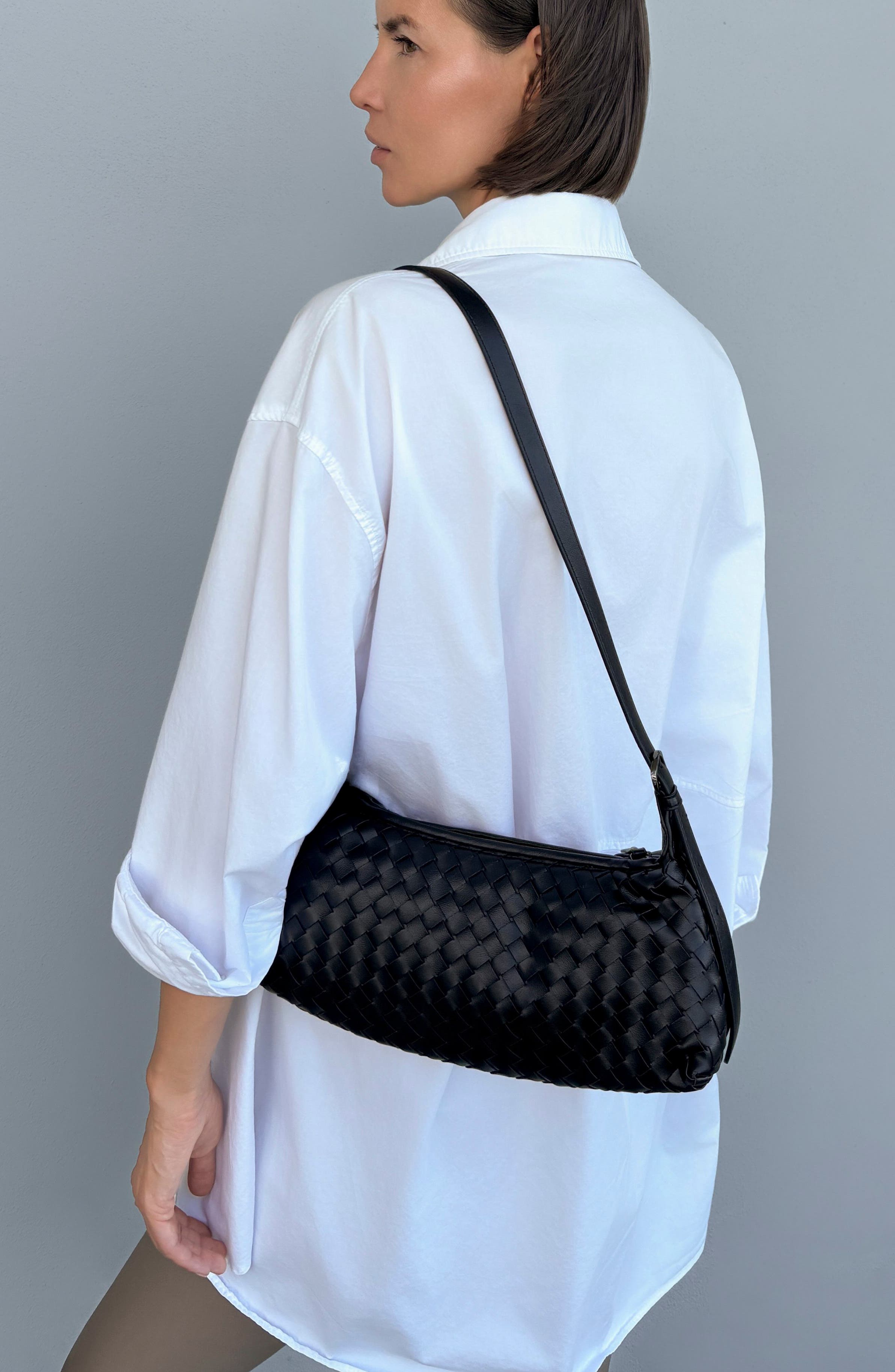 Woven Faux Leather Shoulder Bag, Alternate, color, BLACK