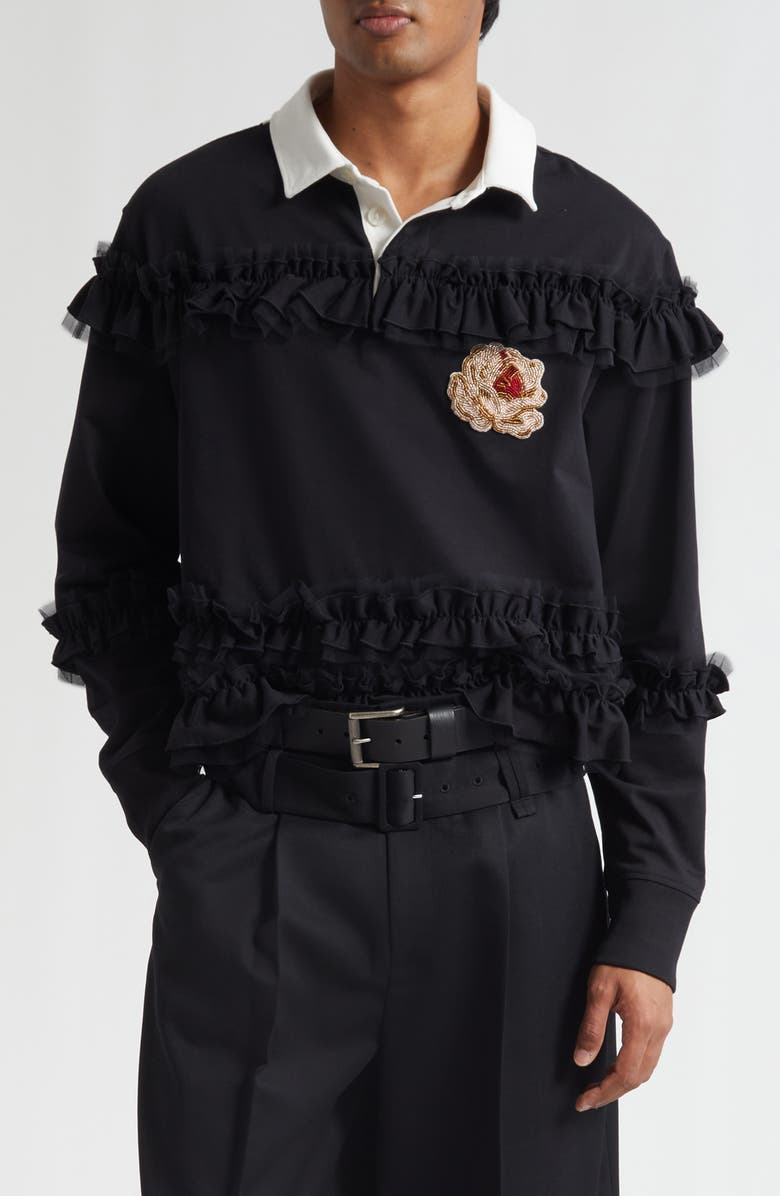 Simone Rocha Embroidered Crest Ruffle Rugby Shirt, Main, color,