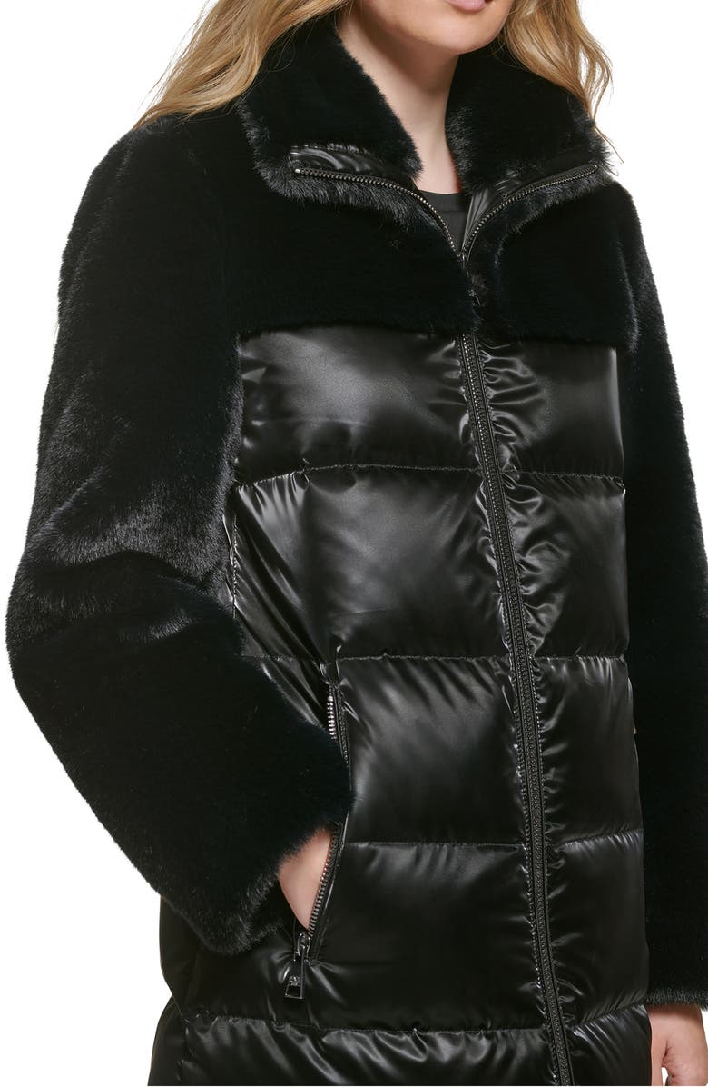 KARL LAGERFELD PARIS Lacquer Water Resistant Faux Fur Trim Puffer Jacket, Alternate, color, Black
