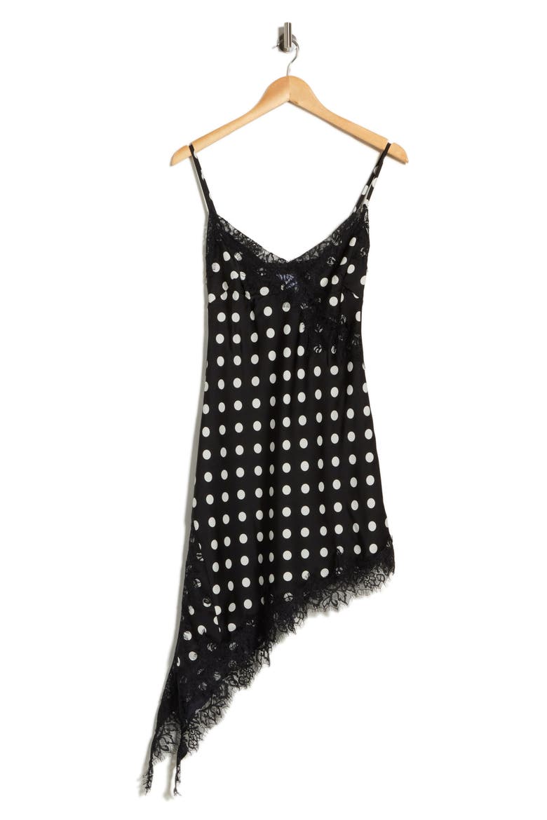 Afterdark Lace Trim Polka Dot Asymmetric Slipdress, Main, color, BLACK