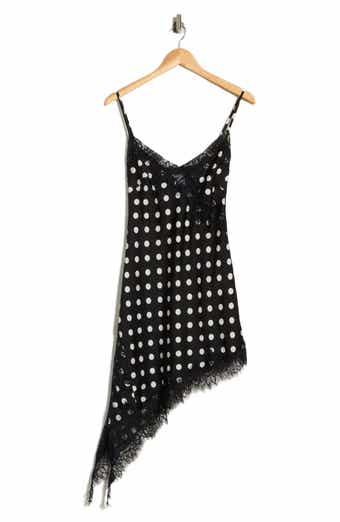 Afterdark Lace Trim Polka Dot Asymmetric Slipdress