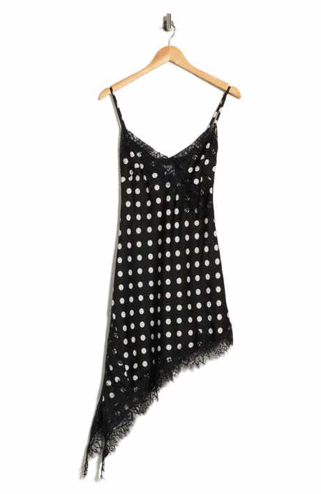 Afterdark Lace Trim Polka Dot Asymmetric Slipdress