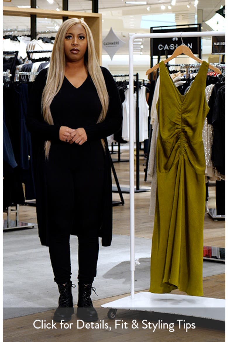 Ruched Drop Waist Satin Midi Dress video