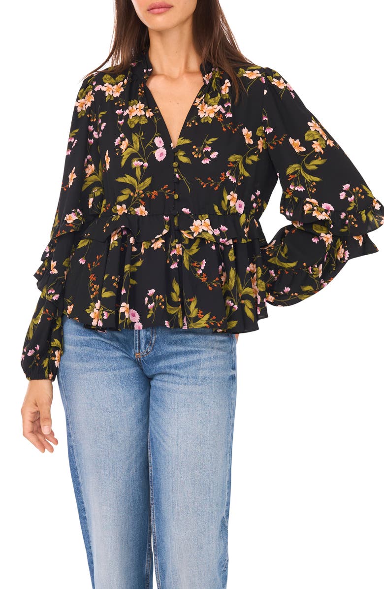 Ted Baker Ruffle V-Neck Button Top, Main, color, Rich Black