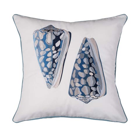 Shellgame Blue Coneshell Coastal Beach Embroidered Throw Pillow, 20" x 20"