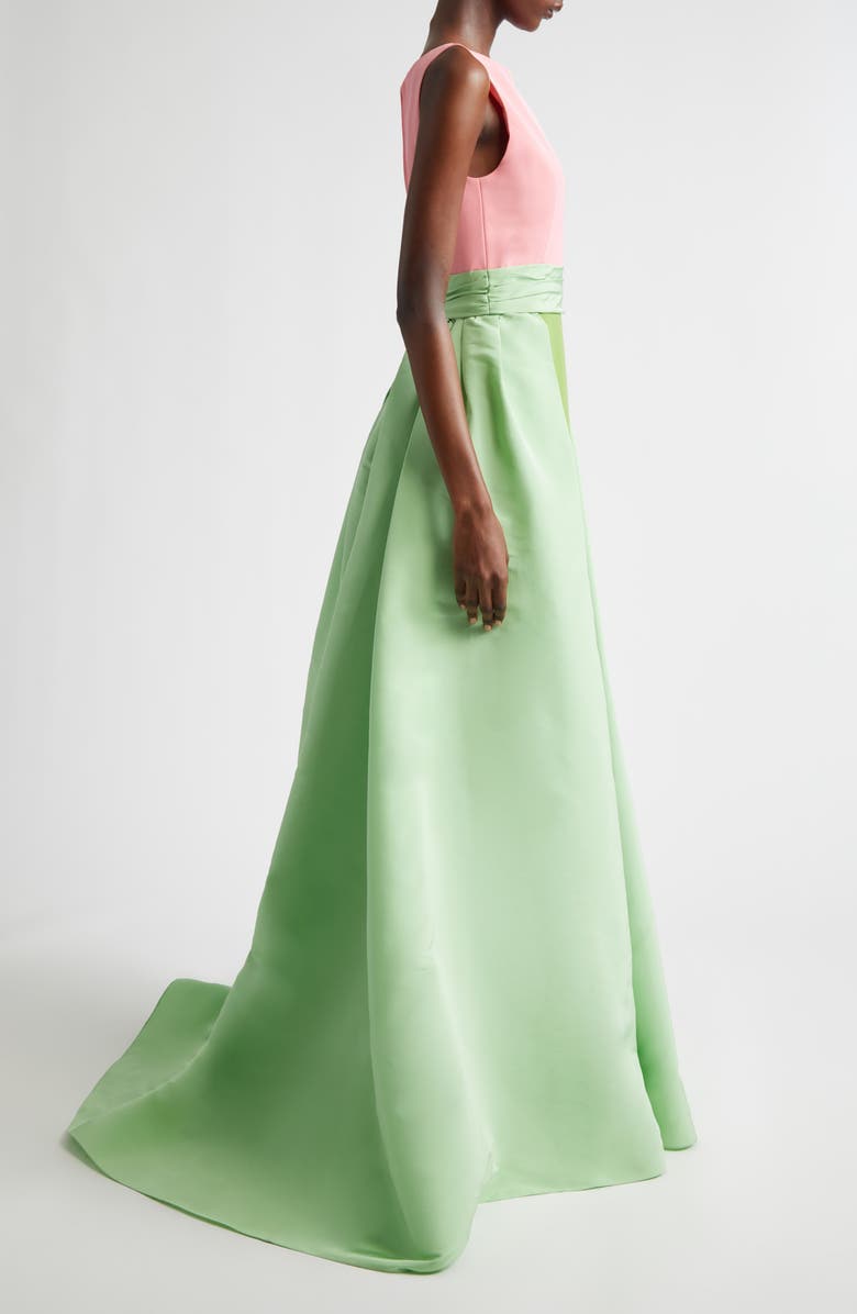 Carolina Herrera Colorblock Silk Column Gown with Removable Overskirt, Alternate, color, Pomelo Multi