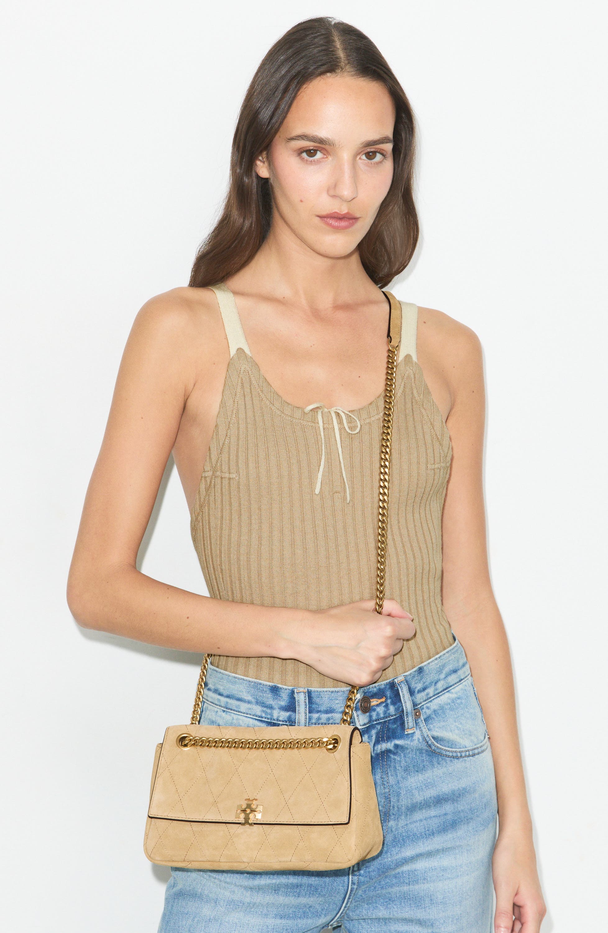Charlie Quilted Suede Small Shoulder Bag, Alternate, color, STONE