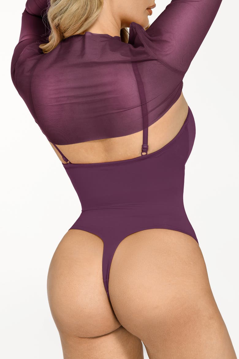 Sheer Shapewear Mesh Cutout Corset Bodysuit 2-Piece Set, Alternate, color, Plum